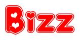 The image is a red and white graphic with the word Bizz written in a decorative script. Each letter in  is contained within its own outlined bubble-like shape. Inside each letter, there is a white heart symbol.
