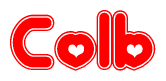 The image is a red and white graphic with the word Colb written in a decorative script. Each letter in  is contained within its own outlined bubble-like shape. Inside each letter, there is a white heart symbol.