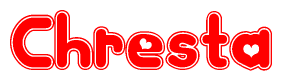 The image is a red and white graphic with the word Chresta written in a decorative script. Each letter in  is contained within its own outlined bubble-like shape. Inside each letter, there is a white heart symbol.