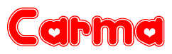 The image is a red and white graphic with the word Carma written in a decorative script. Each letter in  is contained within its own outlined bubble-like shape. Inside each letter, there is a white heart symbol.