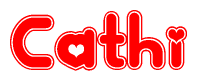 The image is a red and white graphic with the word Cathi written in a decorative script. Each letter in  is contained within its own outlined bubble-like shape. Inside each letter, there is a white heart symbol.