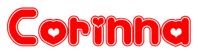 The image is a red and white graphic with the word Corinna written in a decorative script. Each letter in  is contained within its own outlined bubble-like shape. Inside each letter, there is a white heart symbol.