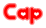 The image is a red and white graphic with the word Cap written in a decorative script. Each letter in  is contained within its own outlined bubble-like shape. Inside each letter, there is a white heart symbol.