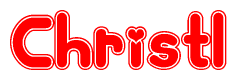 The image is a red and white graphic with the word Christl written in a decorative script. Each letter in  is contained within its own outlined bubble-like shape. Inside each letter, there is a white heart symbol.