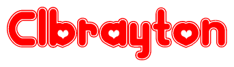 The image is a red and white graphic with the word Clbrayton written in a decorative script. Each letter in  is contained within its own outlined bubble-like shape. Inside each letter, there is a white heart symbol.