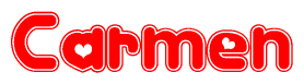 The image is a red and white graphic with the word Carmen written in a decorative script. Each letter in  is contained within its own outlined bubble-like shape. Inside each letter, there is a white heart symbol.