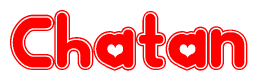 The image is a red and white graphic with the word Chatan written in a decorative script. Each letter in  is contained within its own outlined bubble-like shape. Inside each letter, there is a white heart symbol.