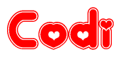 The image displays the word Codi written in a stylized red font with hearts inside the letters.