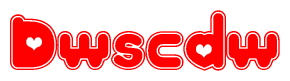 The image is a clipart featuring the word Dwscdw written in a stylized font with a heart shape replacing inserted into the center of each letter. The color scheme of the text and hearts is red with a light outline.