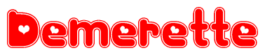 The image displays the word Demerette written in a stylized red font with hearts inside the letters.