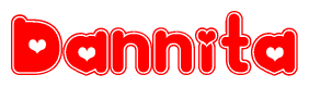The image is a clipart featuring the word Dannita written in a stylized font with a heart shape replacing inserted into the center of each letter. The color scheme of the text and hearts is red with a light outline.