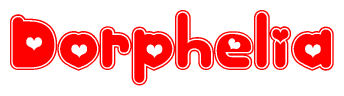 The image is a clipart featuring the word Dorphelia written in a stylized font with a heart shape replacing inserted into the center of each letter. The color scheme of the text and hearts is red with a light outline.