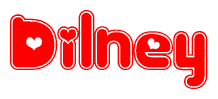 The image is a clipart featuring the word Dilney written in a stylized font with a heart shape replacing inserted into the center of each letter. The color scheme of the text and hearts is red with a light outline.