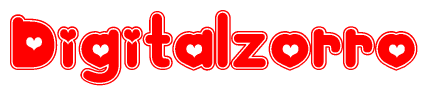 The image is a clipart featuring the word Digitalzorro written in a stylized font with a heart shape replacing inserted into the center of each letter. The color scheme of the text and hearts is red with a light outline.