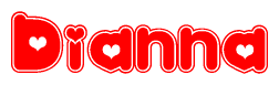 The image is a red and white graphic with the word Dianna written in a decorative script. Each letter in  is contained within its own outlined bubble-like shape. Inside each letter, there is a white heart symbol.