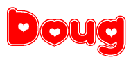 The image is a clipart featuring the word Doug written in a stylized font with a heart shape replacing inserted into the center of each letter. The color scheme of the text and hearts is red with a light outline.