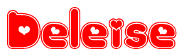 The image is a red and white graphic with the word Deleise written in a decorative script. Each letter in  is contained within its own outlined bubble-like shape. Inside each letter, there is a white heart symbol.