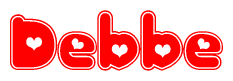 The image is a clipart featuring the word Debbe written in a stylized font with a heart shape replacing inserted into the center of each letter. The color scheme of the text and hearts is red with a light outline.