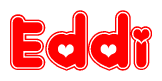 The image is a clipart featuring the word Eddi written in a stylized font with a heart shape replacing inserted into the center of each letter. The color scheme of the text and hearts is red with a light outline.
