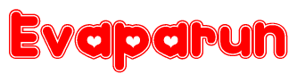The image is a red and white graphic with the word Evaparun written in a decorative script. Each letter in  is contained within its own outlined bubble-like shape. Inside each letter, there is a white heart symbol.