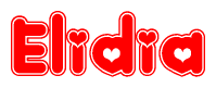 The image is a clipart featuring the word Elidia written in a stylized font with a heart shape replacing inserted into the center of each letter. The color scheme of the text and hearts is red with a light outline.