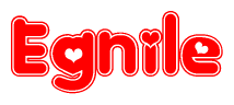 The image is a red and white graphic with the word Egnile written in a decorative script. Each letter in  is contained within its own outlined bubble-like shape. Inside each letter, there is a white heart symbol.