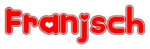 The image is a red and white graphic with the word Franjsch written in a decorative script. Each letter in  is contained within its own outlined bubble-like shape. Inside each letter, there is a white heart symbol.