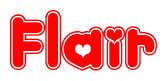 The image is a red and white graphic with the word Flair written in a decorative script. Each letter in  is contained within its own outlined bubble-like shape. Inside each letter, there is a white heart symbol.