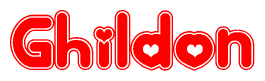The image displays the word Ghildon written in a stylized red font with hearts inside the letters.
