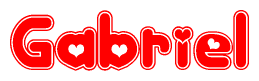 The image is a red and white graphic with the word Gabriel written in a decorative script. Each letter in  is contained within its own outlined bubble-like shape. Inside each letter, there is a white heart symbol.