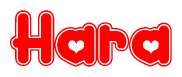 The image is a clipart featuring the word Hara written in a stylized font with a heart shape replacing inserted into the center of each letter. The color scheme of the text and hearts is red with a light outline.