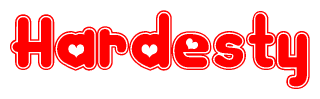 The image is a red and white graphic with the word Hardesty written in a decorative script. Each letter in  is contained within its own outlined bubble-like shape. Inside each letter, there is a white heart symbol.