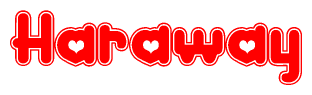 The image is a clipart featuring the word Haraway written in a stylized font with a heart shape replacing inserted into the center of each letter. The color scheme of the text and hearts is red with a light outline.