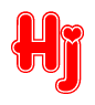 The image is a red and white graphic with the word Hj written in a decorative script. Each letter in  is contained within its own outlined bubble-like shape. Inside each letter, there is a white heart symbol.