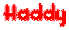The image is a clipart featuring the word Haddy written in a stylized font with a heart shape replacing inserted into the center of each letter. The color scheme of the text and hearts is red with a light outline.
