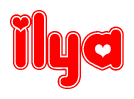 The image is a red and white graphic with the word Ilya written in a decorative script. Each letter in  is contained within its own outlined bubble-like shape. Inside each letter, there is a white heart symbol.