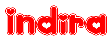 The image is a clipart featuring the word Indira written in a stylized font with a heart shape replacing inserted into the center of each letter. The color scheme of the text and hearts is red with a light outline.