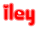 The image is a red and white graphic with the word Iley written in a decorative script. Each letter in  is contained within its own outlined bubble-like shape. Inside each letter, there is a white heart symbol.