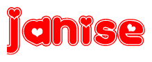 The image is a red and white graphic with the word Janise written in a decorative script. Each letter in  is contained within its own outlined bubble-like shape. Inside each letter, there is a white heart symbol.