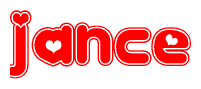 The image is a red and white graphic with the word Jance written in a decorative script. Each letter in  is contained within its own outlined bubble-like shape. Inside each letter, there is a white heart symbol.