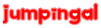 The image is a red and white graphic with the word Jumpingal written in a decorative script. Each letter in  is contained within its own outlined bubble-like shape. Inside each letter, there is a white heart symbol.