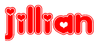 The image is a red and white graphic with the word Jillian written in a decorative script. Each letter in  is contained within its own outlined bubble-like shape. Inside each letter, there is a white heart symbol.