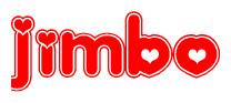 The image is a red and white graphic with the word Jimbo written in a decorative script. Each letter in  is contained within its own outlined bubble-like shape. Inside each letter, there is a white heart symbol.