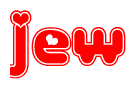 The image is a red and white graphic with the word Jew written in a decorative script. Each letter in  is contained within its own outlined bubble-like shape. Inside each letter, there is a white heart symbol.