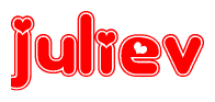 The image is a red and white graphic with the word Juliev written in a decorative script. Each letter in  is contained within its own outlined bubble-like shape. Inside each letter, there is a white heart symbol.