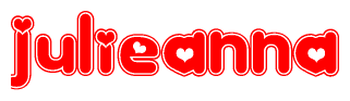 The image is a red and white graphic with the word Julieanna written in a decorative script. Each letter in  is contained within its own outlined bubble-like shape. Inside each letter, there is a white heart symbol.