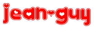 The image is a red and white graphic with the word Jean-guy written in a decorative script. Each letter in  is contained within its own outlined bubble-like shape. Inside each letter, there is a white heart symbol.