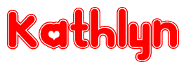 The image is a red and white graphic with the word Kathlyn written in a decorative script. Each letter in  is contained within its own outlined bubble-like shape. Inside each letter, there is a white heart symbol.