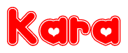 The image is a clipart featuring the word Kara written in a stylized font with a heart shape replacing inserted into the center of each letter. The color scheme of the text and hearts is red with a light outline.