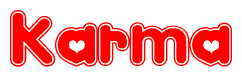 The image is a red and white graphic with the word Karma written in a decorative script. Each letter in  is contained within its own outlined bubble-like shape. Inside each letter, there is a white heart symbol.